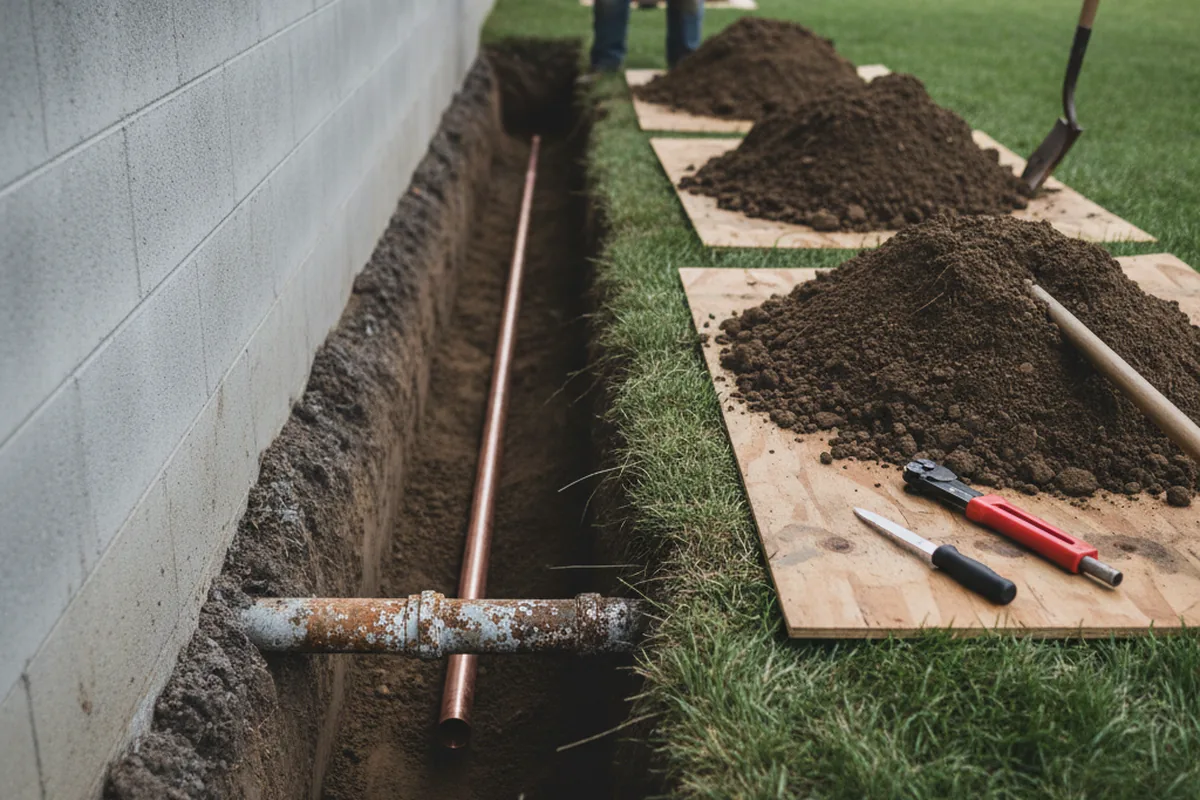 Excavated water line trench during Water Softener Installation in Ukiah